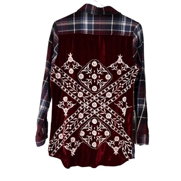 Indigo Thread Co maroon plaid flannel with velvet embroidered back detail S - Picture 1 of 8